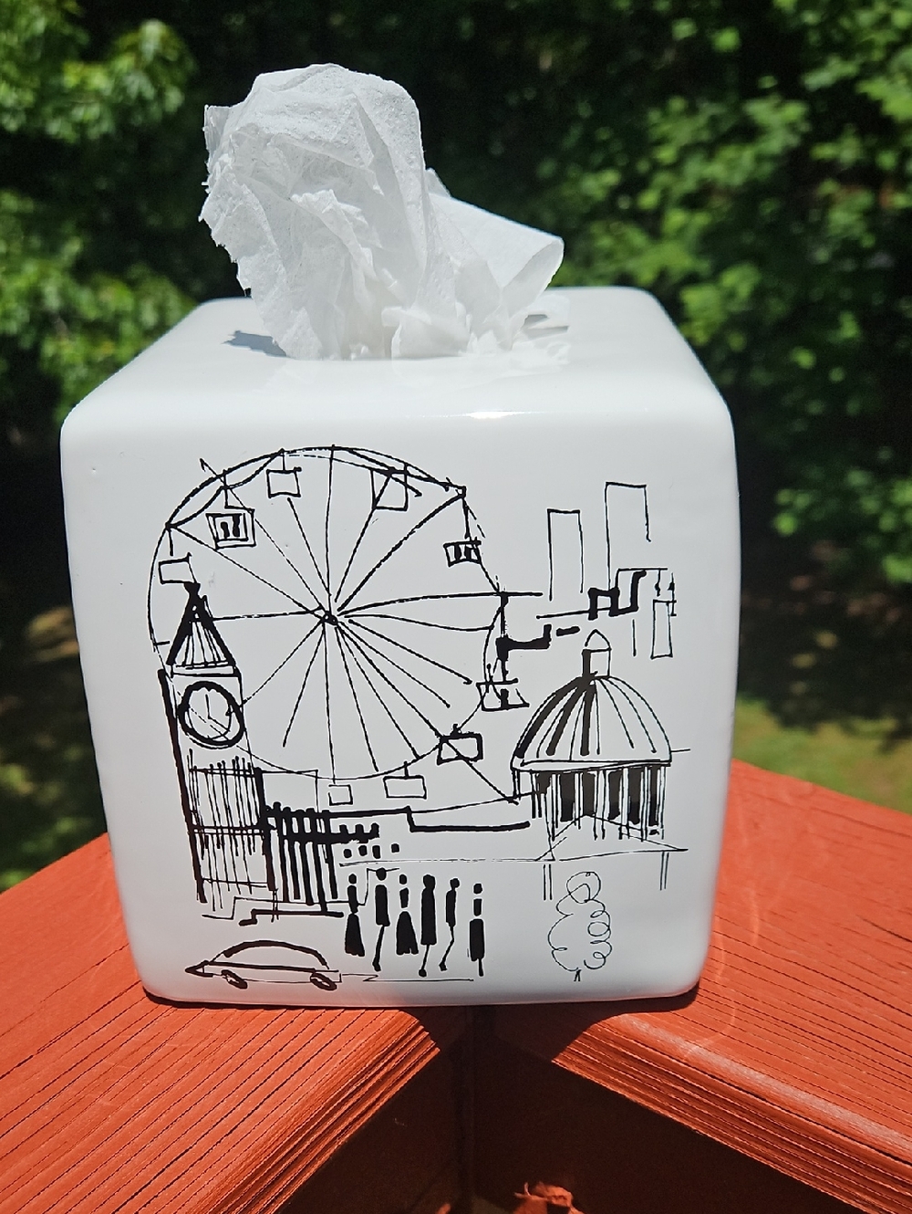 Vintage New ECHO Black Paris London Sketch Ceramic  Tissue Box Cover